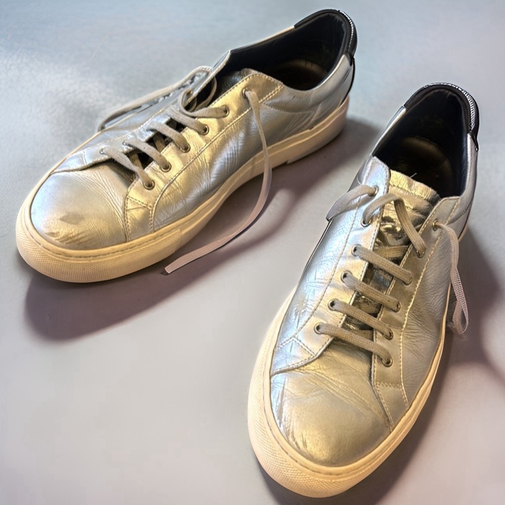 Common Projects silver low-tops - great sneakers in solid condition - minor wear